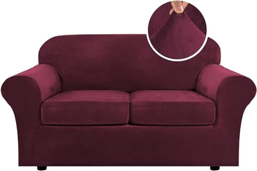 LINGKY Samt Schonbezug Mit 2 Separaten Kissenbezügen, Stretch Ultra Soft Plush Schonbezug Ersatz Rutschfester Möbelschutz Mit Elastischem Boden (Weinrot,2 Sitzer (122-172 cm)