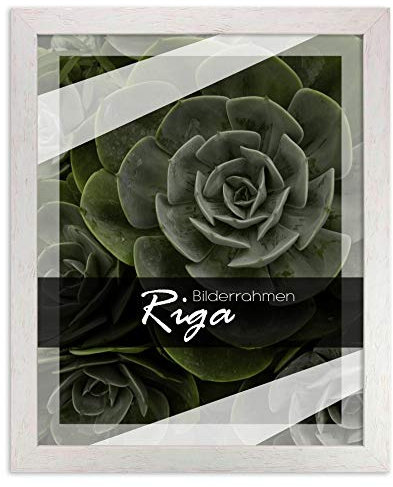 Holz Bilderrahmen Riga 20x28 cm in Weiß Verwittert Vintage Landhaus-Stil mit Antireflex-Kunstglasscheibe