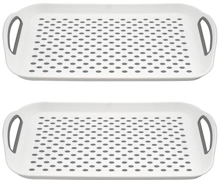 DASHMESH 2 Pack Grey Anti-Slip Rectangular Serving Tray Non-Slip Top & Bottom Plastic Dinner/Drinks Trays with High Grip Silicone Rubber Surface with Grip Handles