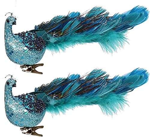11 Blauer Pfau Weihnachtsschmuck mit Clip, Geschlossener Schwanzfedervogel mit Glitzer, Deko-Set für Weihnachtsbaum (2Pack)