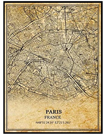 TANOKCRS Paris Frankreich Vintage Karte Poster Kunstwerk Wandkunst Stadt Straßenkarte Druck Reise Souvenir Geschenk Heimdekoration ungerahmt