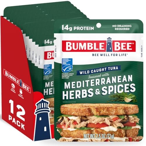 Bumble Bee Thunfischbeutel für mediterrane Kräuter und Gewürze, 70 ml, 12 | Wild Caught Seasoned Thunfisch, verzehrfertig, 14 g Protein pro Packung, glutenfrei, GLP-1-freundlich