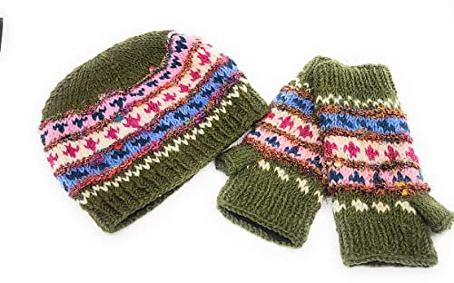 Handgestrickte Wolle & recycelte Seide Beanie Mütze & fingerlose Handschuhe Set Fleece gefüttert Made in Nepal, olivgrün, Einheitsgr��e