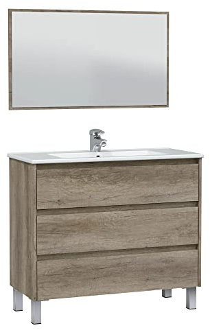 HOMN LIVING Mueble de Baño Devin con 3 Cajones y Espejo, Acabado en Nordik, 100 cm (Ancho) x 45 cm (Fondo) x 86 cm (Alto)