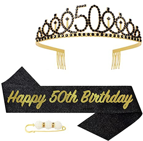POPOYU 50 Geburtstag Krone und Schärpe,Krone 50. Geburtstag Frauen,50.Geburtstag Tiara Schwarz Gold,krone 50.,50 Jahre Geburtstag Mädchen Kopfbedeckung für Geburtstagsgeschenk Partyzubehör