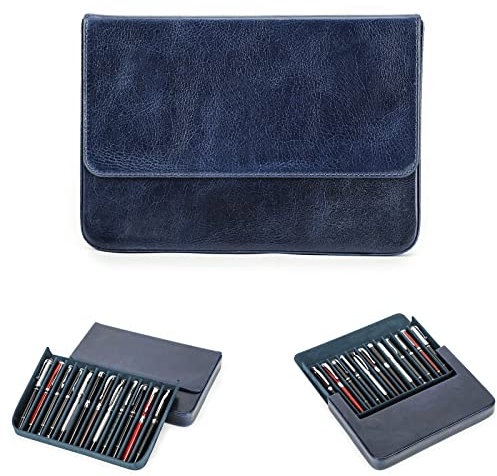 Hiram Leather Pen Case for 12 Pens Vegetable Tanned Leather Fountain Pen Storage Box with Hidden Magnetic Snap Closure and Pens Tray Design (Blue)