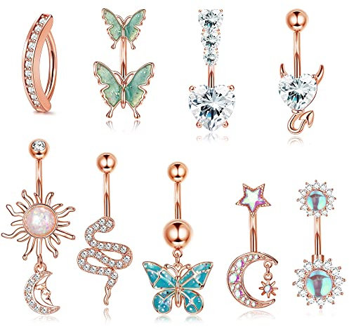 Milacolato 10Pcs 14G Bauchnabelstangen Für Frauen Edelstahl Bauchstange Herz Schlange Schmetterling CZ Dangly Bauchnabel Bars Langhanteln Bauchnabel Piercing Schmuck RosaGold
