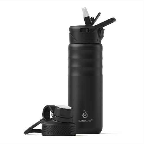 IDEUS Vacuum Insulated Water Bottle, Stainless Steel Double Wall Flask Metal Sports Canteen with Leak-Proof Screw Cap (Black, 24oz (710ml))
