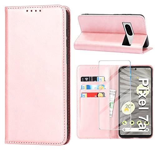 Handyhülle für Google Pixel 7A Hülle mit Displayschutzfolie, Schutzhülle Pixel 7A 5G PU Lederhülle Wallet Kartenfach Standfunktion Stoßfest Klapphülle für Google 7A Flip Case Cover (Rosa)