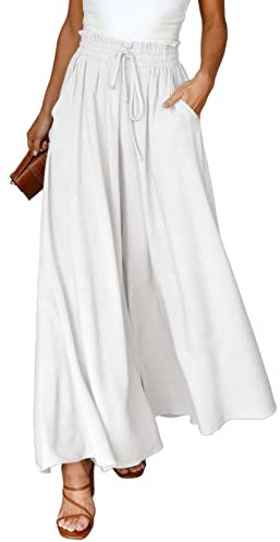 Dokotoo Sommerhose Damen Leicht Palazzo Hose Elegant Sommer High Waist Baggy Leinenhose Freizeithose Baumwolle Leinen Weite Hosen mit Taschen Kordelzug Elastisch Einfarbig Stoffhose Weiß S