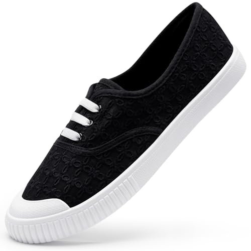 Harvest Land Womens Canvas Shoes Low Top Flat Gym Sports Pumps Trainers Lace Up Flat Ladies Girls Fashion Pumps Black UK 6