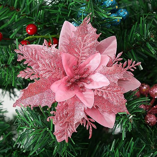 Wambere 3 Stück Weihnachtsblumen,Künstliche Blumen Glitter Weihnachtsblumen Dekoration Christbaumschmuck Weihnachtsschmuck Baumschmuck Weihnachten Christmas Tree Ornaments Christbaumanhänger,Rosa