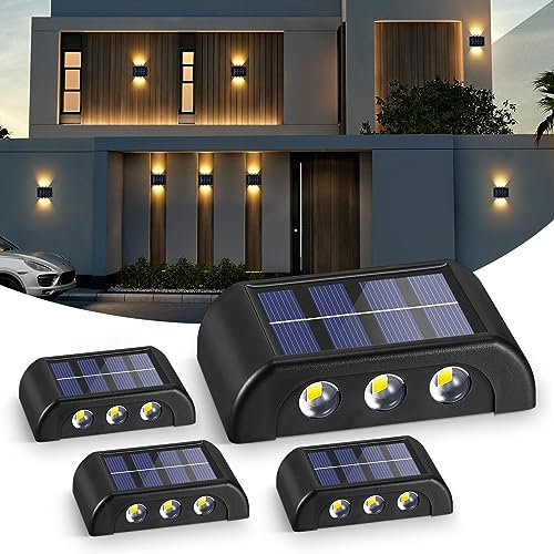 ONEVER Solar-Wandleuchten für den Außenbereich, 4 Stück, Solar-Sicherheitsleuchten, 6 LEDs, Solar-Zaunleuchten, wasserdichte Solarleuchten für den Außenbereich, Hof, Tür, Zaun, Weg (warmweiß)