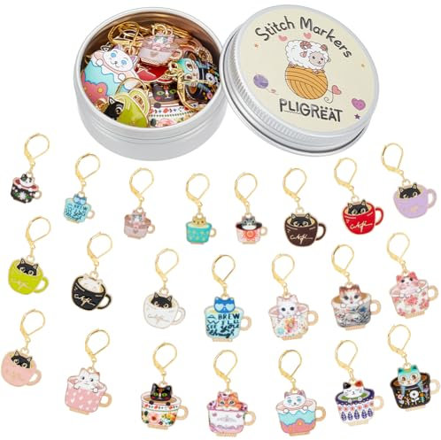 PLIGREAT 22 Stück Emaille Kaffeetasse Katzenstich Marker Charm Set Strickstich Zähler DIY Handwerk Anhänger Schmuck Herstellung Zubehör Geschenk für Mama Frau Schneiderei Shop Zubehör