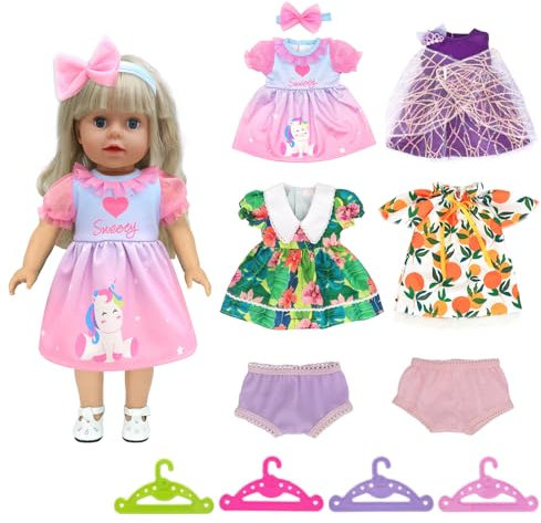 4 Pack Baby Kleidung für 35-43 cm Puppen, Puppenkleidung inklusive 4 Kleiderbügel 2 Unterhosen für New Baby Puppen, 43cm Süßes Babypuppenkleid