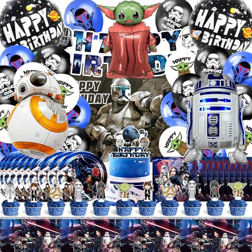 81 Pcs Star Geburtstagsdeko, Star Geburtstag Dekoration Set, Wars Geburtstag Luftballon, Star Geburtstagsgeschirr, Wars Geburtstags Party Dekoration Set, Geschirr Teller Tischdecke Servietten