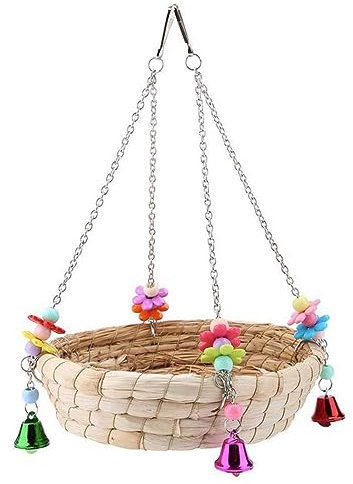 Nido de Pájaro Tejido de Paja,Cama Colgante para Loros,Columpio para pájaros,Juguete con Accesorios de Jaula de Campana