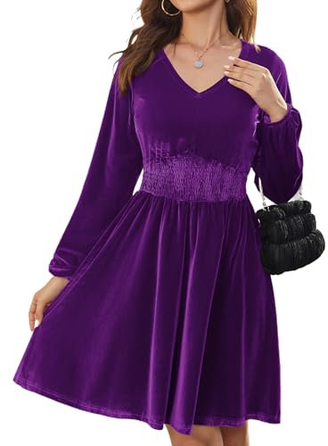 Zeagoo Robes pour Femme Robes d'hiver Élégantes en Velours Col en V Robes De Cocktail Robes De Vacances Robes Vintage Robes De Soirée De Mariage Violet XL