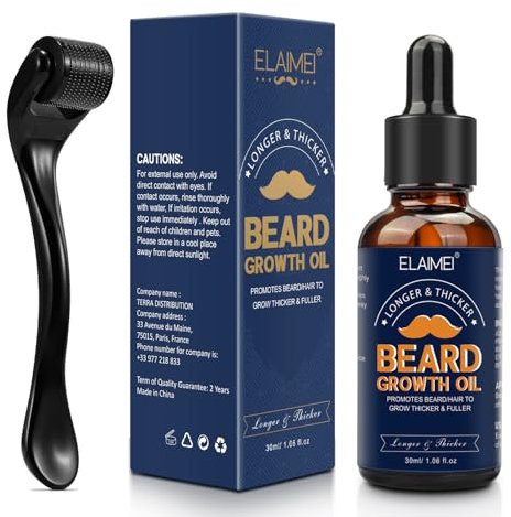 Olio Per La Crescita Della Barba Con Biotina Caffeina, 0,25 mm Beard Roller, Rullo Crescita Barba Uomo, stimola la crescita di barba, Promuove La Ricrescita Dei Capelli Trattamento Viso Per Capelli
