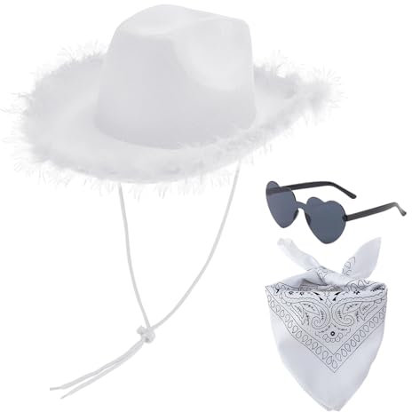 ZBHDEYG 1 Sombrero De Vaquero Occidental, 1 Gafas De Amor, 1 Bufanda Cuadrada Estampada Negra, Sombrero De Vaquero con ala De Plumas, Fiestas Temáticas Y Juegos De rol