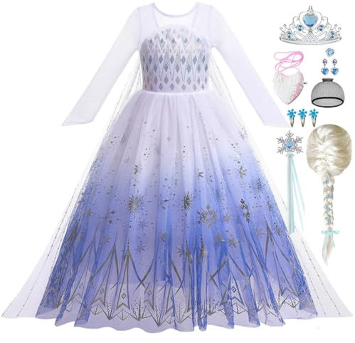 Luzlen Elsa-Prinzessin-Kostüm für Mädchen, weißes Kleid mit Perücke für Geburtstagsfeier, Halloween, Karneval
