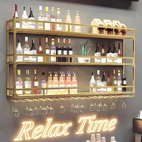 ICEMOB Weinregal Metall Mit LED-Licht,Dreistufig Flaschenhalter Wand/Barregal,Kreativität Weinflaschenhalter,Flaschenaufbewahrung Für Küche, Keller, Zuhause,Gold,100CM
