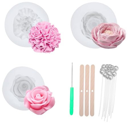 Lot de 3 moules en silicone pour bougies en forme de fleurs - Moule en silicone - Moule en silicone - Moule en silicone - Moule à bougie - En silicone - Mèche de bougie - Support de mèche de bougie et