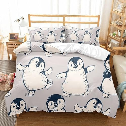 Bettwäsche 135x200 cm 3teilig Niedlicher Pinguin Druck Muster Bettwäsche-Set Weicher atmungsaktiver Mikrofaser Bettbezug 135x200 + 2 Kopfkissenbezüge 80x80 cm mit Reißverschluss