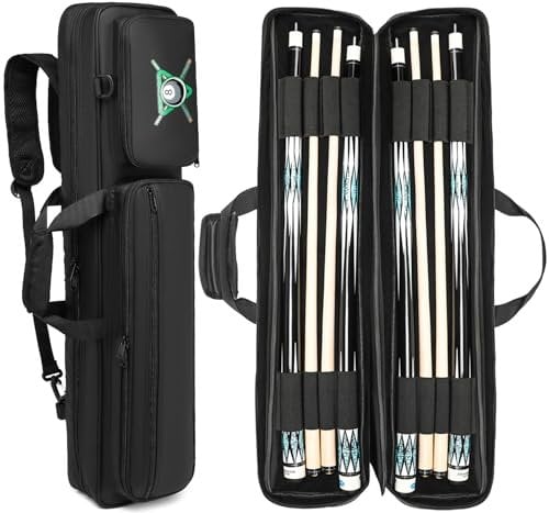 FRETHIND Pool Cue Case, Billard Queue Tasche für 4 Kolben wasserdichte Pool Queue Koffer mit 3 Große Taschen und Schultergurt, Weicher Billardqueue-Rucksack für Damen und Herren