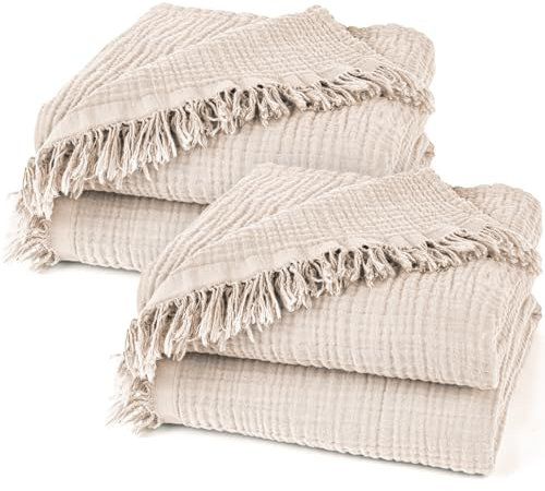 Pure Label 2er Set Musselin Decken 220x240cm - Oeko-Tex zertifizierte Tagesdecken aus Baumwolle | Musselin Kuscheldecken für Couch & Sofa in XXL | Doppelpack 220 x 240 cm, Farbe der Decke Beige
