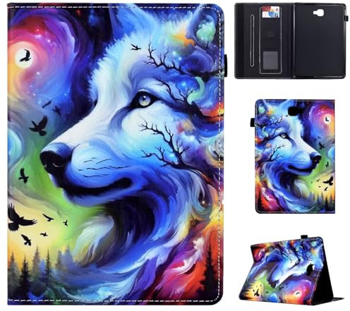 Vaitasy Funda para Samsung Galaxy Tab A 10.1 Pulgadas 2016 (SM-T580/ SM-T585), Ranura para Tarjeta con Función Soporte Carcasa Galaxy Tab A6 10.1 - Lobo Estrellado