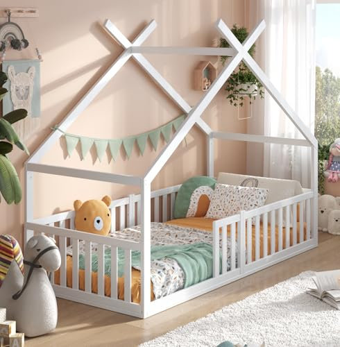 ALAVYA HOME® Hausbett Bodenbett Dream FSC Zertifiziert mit Rausfallschutz & Lattenrost, bodentiefes Jugendbett weiß massiv BUCHE für Junge Mädchen (Weiß - mit Matratze, 90 x 200 cm)