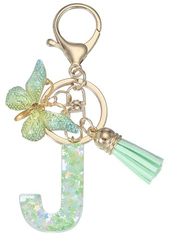 PATIKIL Niedliche Schlüsselanhänger Buchstabe mit Schmetterling & Quaste & Schlüsselringe, Harz Buchstaben Schlüsselanhänger J Schlüssel Anhänger Keychain für Damen damen Geschenke, Grün