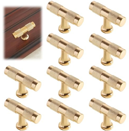 Xiciki 10 Pcs Gold Kitchen Door Knobs, 50mm Length Single Hole Drawer Cabinet Handles, Gold Cupboard Knobs for Kitchen Bathroom Dresser Drawers Wardrobe