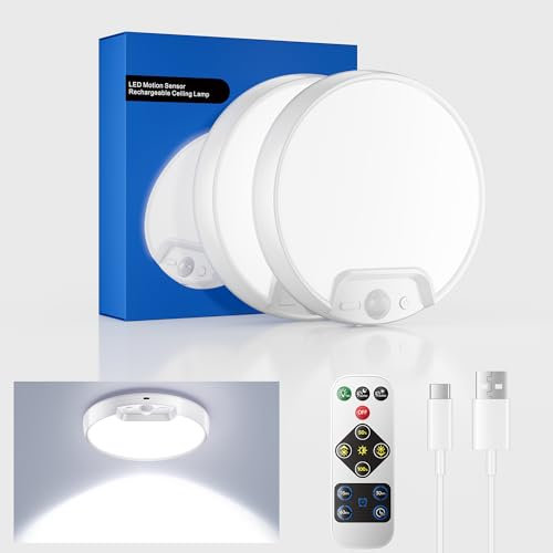 Homelist 2 Pack Motion Sensor Lights Indoor New Upgraded, 500LM 8000mAh LED Ceiling Lights with Remote Control, Battery Powered Rechargeable Lights for Shed Loft Bedroom Garage Porch Hallway Stair