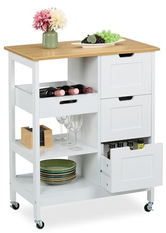 Relaxdays Carro Auxiliar Cocina, Encimera, 3 Cajones, 3 Compartimentos, 85 x 68,5 x 38,5 cm, Isla con Ruedas, Blanco, Tablero de Fibras, Madera