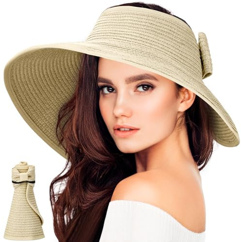 BellaGesundheit Damen Sonnenhut, Faltbarer Strohhut mit Breiter Krempe, UV-Schutz UPF 50+, Sommerhut für Strand und Outdoor-Aktivitäten (Beige)