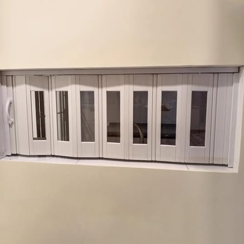 QYANPEN Ventana corredera Plegable con Tiradores y Cristal, Puerta Interior de PVC Tipo acordeón para áticos, sótanos y restaurantes, Puerta Plegable magnética para Cocina y Dormitorio (100 x 50 cm/