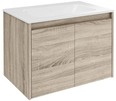 FACKELMANN Compact Line Waschbeckenunterschrank mit Keramikwaschbecken – 2-teiliges Badmöbel-Set in braun, 71cm breit, 2 ürenm, wechselbare Griffleiste – Made in Germany