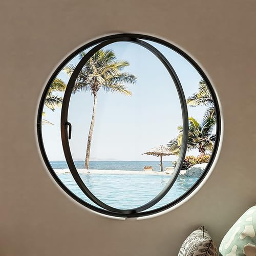 Round Flush Mount Shed Window, Household 360° Rotation Windows, Small Rotatable Round Porthole Window w/Handles,Tempered Glass Egress Windows for Bathroom House Basement(Black,15.7in/40cm)