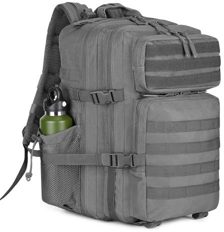 HUNTVP Militär Rucksack Herren 45L Taktischer Rucksack Groß Molle Wanderrucksack Sportrucksack Bundeswehr Tactical Backpack Wasserdicht Daypack für Sport Reise Trekking Camping Outdoor, Grau