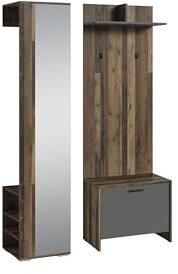 byLIVING Garderoben-Set Ben, 3-teilig, viel Stauraum | Flur Garderobe in Old Wood-Optik dunkelbraun mit Spiegel, Hochschrank, Wandpaneel, Sitzbank