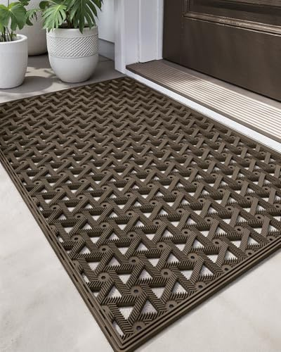 DEXI Front Door Mat Outside Entrance Rubber Floor Doormat, 32x48 Brown | Welcome Heavy Duty Non Slip, Dirt Trapper Waterproof Exterior Entry Mats All Weather for Patio Entryway Drainage