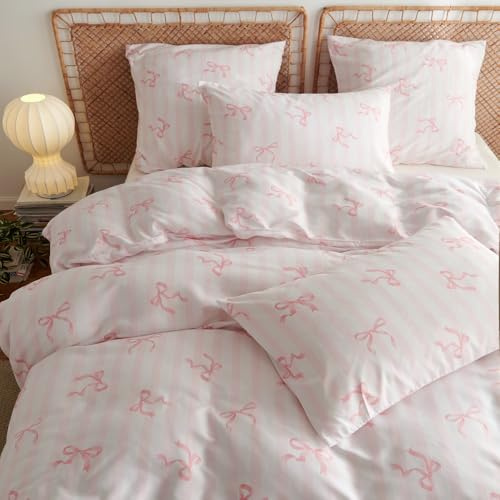 Bettwäsche 135x200 Weiß Rosa Gestreift Schleifen mit Kissenbezug 80x80cm