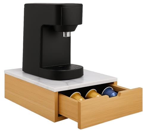 Cecaro Group – Porta Capsule Caffè in Legno con Piano Effetto Marmo Bianco e Cassetto Organizer – 30x30x10 cm