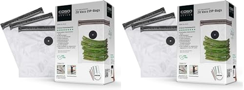 CASO Vacu ZIP-Bags 20x23 cm, 20 Beutel, SousVide geeignet, BPA Frei, mit 150 µm besonders stark, reißfest, wiederverwendbar, für CASO (Hand)-Vakuumierer mit ZIP-Adapter, inkl. Food Manager Sticker