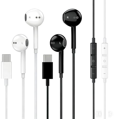 2 Pack USB C Headphones for iPhone 17 16 15, Type C Earphones with Microphone&Noise Cancelling Wired Earbuds for iPhone 17 16 15 Pro Max, iPad Pro,Samsung Galaxy S25 S24 Ultra,Pixel 9 (White&Black)