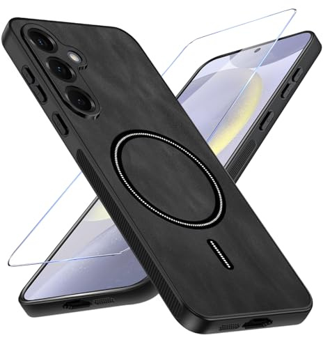 Migexxkj Handyhülle für Samsung Galaxy S24 Plus Hülle mit Schutzfolie, Schutzhülle PU Leder mit Kameraschutz für Mag-Safe für Galaxy S24 Plus Cover Tasche (TOP Militärschutz & Magnetisch) (Schwarz)