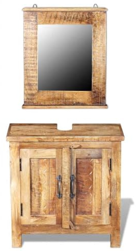 QJBSAVVA Juego de muebles de baño de madera maciza de mango, armario bajo lavabo de 60 cm con espejo, mueble de baño rústico de 2 piezas con estantes, madera maciza para baño y aseo de invitados