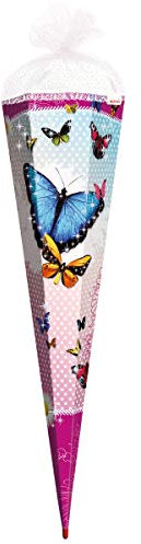 ROTH Schultüte groß Butterfly - Glitter und Rüschen-Borte 85 cm - 6-eckig Rot(h)-Spitze Tüllverschluss - Zuckertüte Schmetterling Glitzer Schulanfang